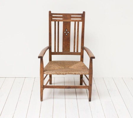 Arts and Crafts Oak Armchair with a Rush Seat