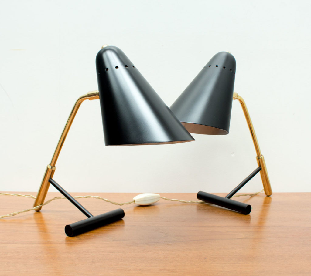 1950s Pair of Italian Black and Brass Desk Lamps