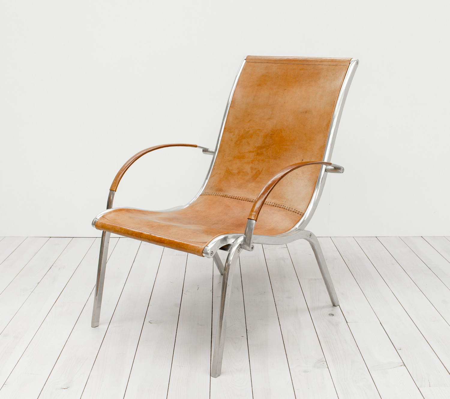 1970s Italian Tan Leather & Aluminium Armchair